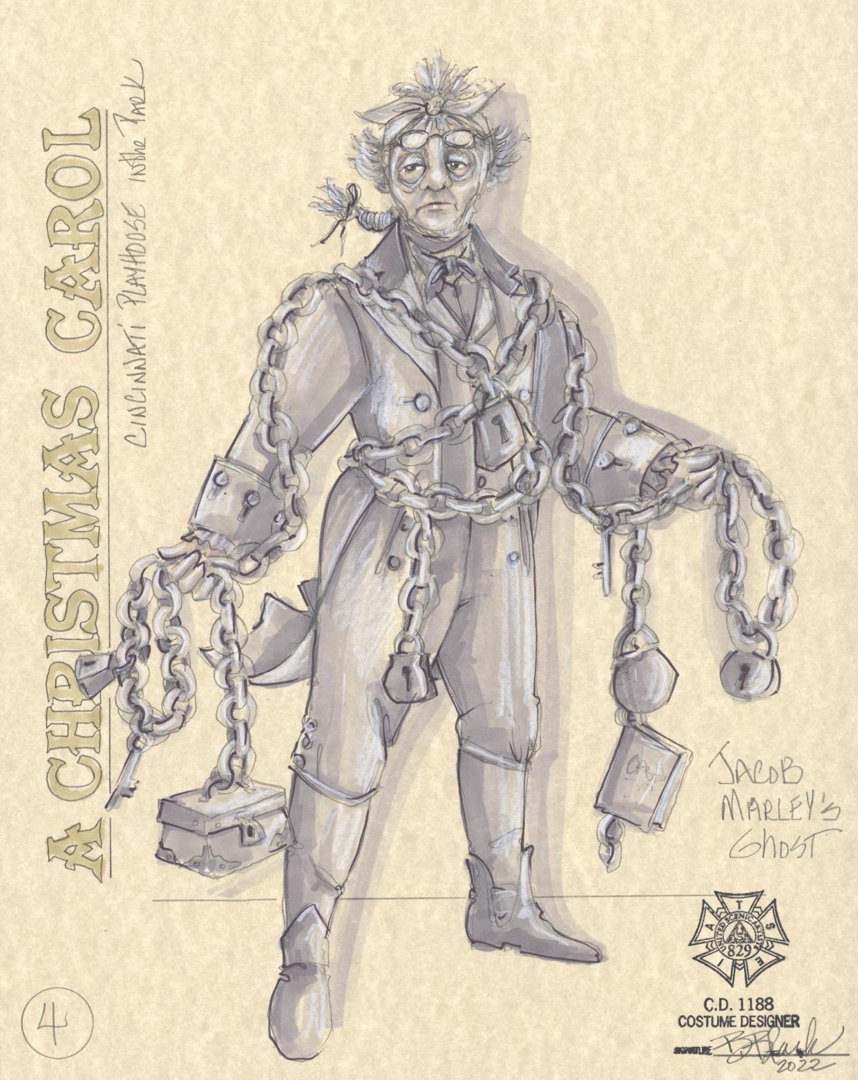 A sketch of the costume for the ghost of Jacob Marley in “A Christmas Carol,” opening Nov. 30 at the Playhouse in the Park.