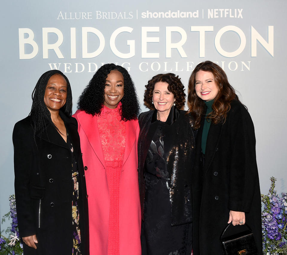 Sandie Bailey, Shonda Rhimes, Lyn Paolo and Katie Lowes attend the Allure Bridals Bridgerton Wedding Collection launch event at The Huntington Library, Art Collections, and Botanical Gardens on December 11, 2023 in San Marino, California.