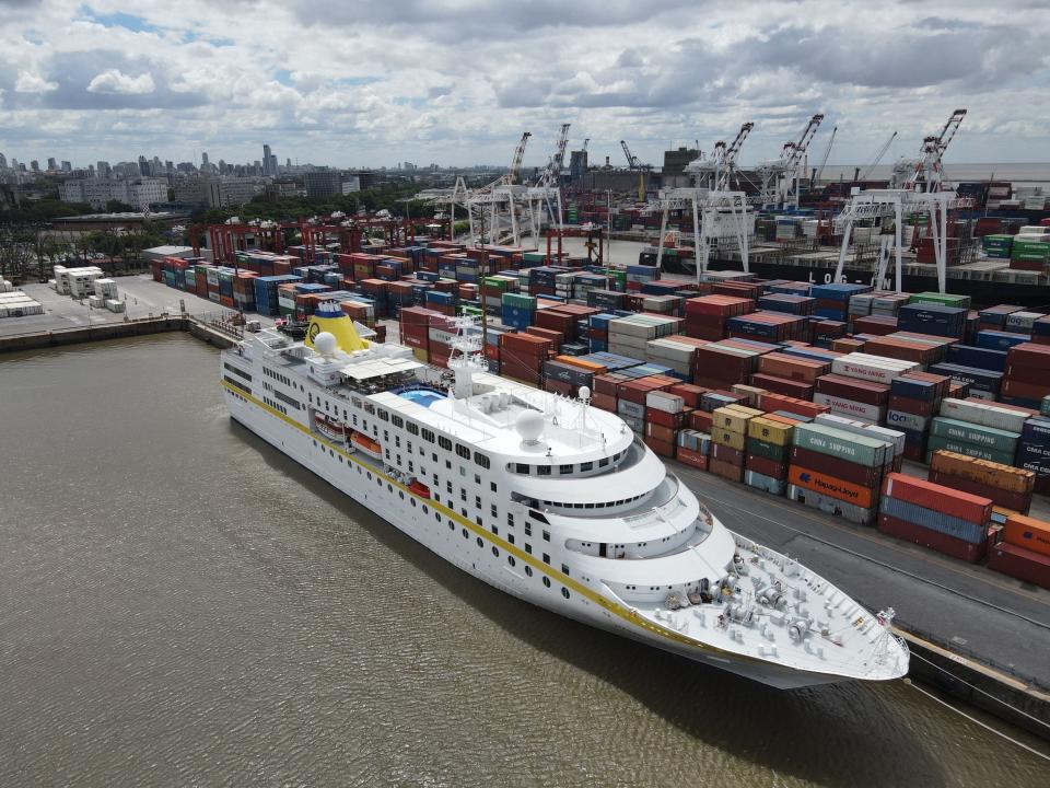 The MS Hamburg is seen docked in Buenos Aires on Nov. 29, 2021. Argentina ordered all passengers on board to isolate following the detection of a coronavirus case, according to the Ministry of Health.