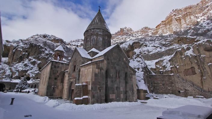 The <strong>Monastery of Geghard</strong> in Armenia is known for its medieval churches and tombs, which are built into the cliffs.