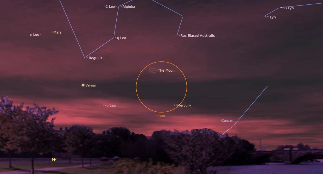  July 19, 2023 at 845 pm - Crescent Moon above Venus and Mercury, depicted in a hazy red sky 