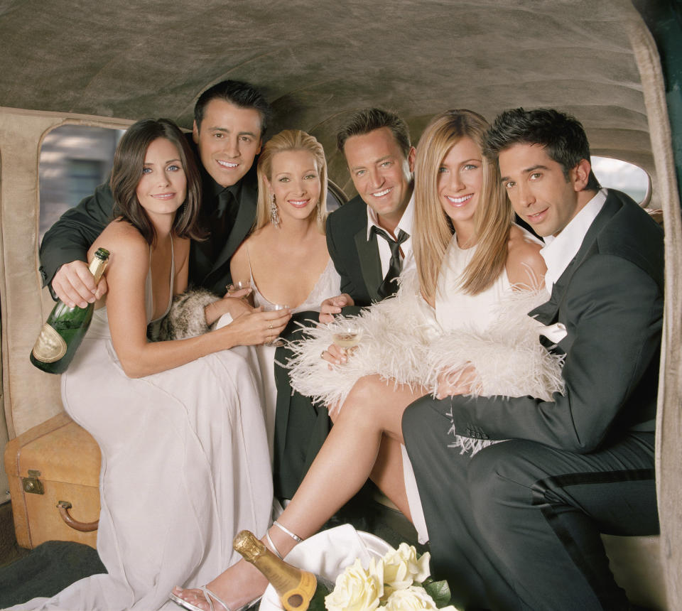 FRIENDS -- Season 10 -- Pictured: Courteney Cox as Monica Geller, Matt LeBlanc as Joey Tribbiani, Lisa Kudrow as Phoebe Buffay, Matthew Perry as Chandler Bing, Jennifer Aniston as Rachel Green, David Schwimmer as Dr. Ross Geller  (Photo by NBCU Photo Bank/NBCUniversal via Getty Images via Getty Images)