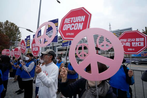 PHOTO: Protesters stag a rally to demand peace on the Korean peninsula in front of the presidential office in Seoul, South Korea, Thursday, Nov. 3, 2022. (Ahn Young-joon/AP)