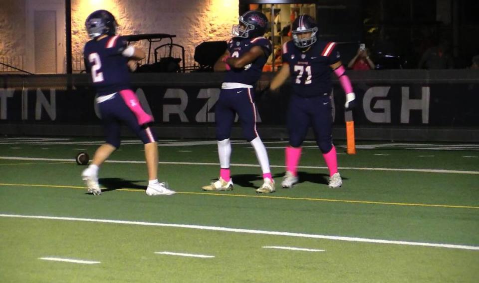 London Alexander poses after scoring a touchdown against Bullard on Friday, Oct. 6, 2023.