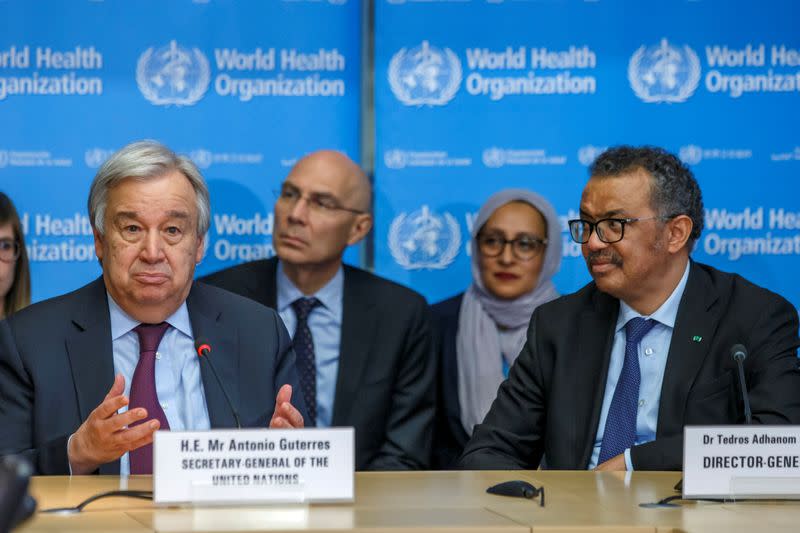 U.N. Secretary General, Antonio Guterres speaks during an update on the situation regarding the COVID-19 (previously named novel coronavirus) at the World Health Organization headquarters in Geneva