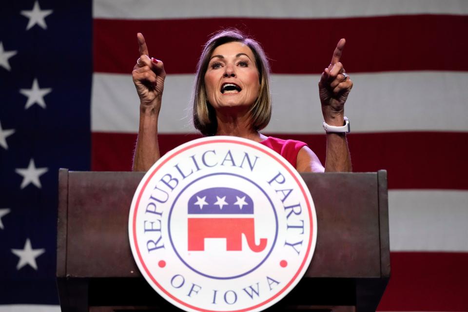 Iowa Gov. Kim Reynolds speaks at the Republican Party of Iowa's 2023 Lincoln Dinner in Des Moines, Iowa, Friday, July 28, 2023.