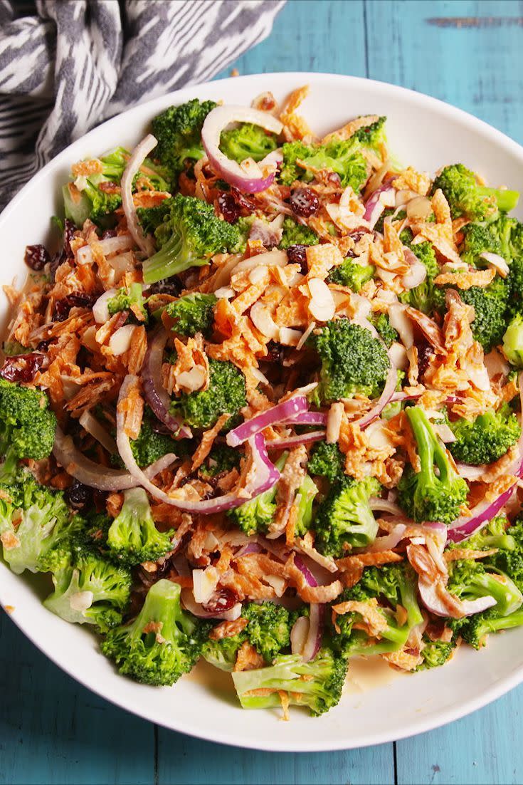 <p>Pro tip: This is how you get broccoli haters to eat the green stuff. Thank you, bacon! Lightly coated in a apple-cider vinegar dressing, and tossed with almonds, carrots, red onions, and bacon, this salad is loaded with flavour and texture. </p><p>Get the <a href="http://www.delish.com/uk/cooking/recipes/a32998427/broccoli-salad-recipe/" rel="nofollow noopener" target="_blank" data-ylk="slk:Broccoli Bacon Salad;elm:context_link;itc:0;sec:content-canvas" class="link ">Broccoli Bacon Salad</a> recipe.</p>