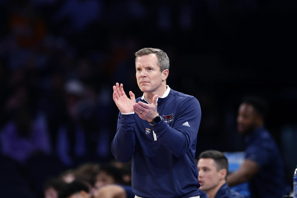 Florida Atlantic head coach Dusty May watches during the second half of a Sweet 16 college basketball game against Tennessee in the East Regional of the NCAA tournament at Madison Square Garden, Thursday, March 23, 2023, in New York. (AP Photo/Adam Hunger)