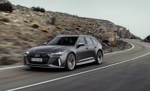 <p>The RS6's sole powertrain option is a twin-turbocharged 4.0-liter V-8 engine combined with a 48-volt hybrid system that makes a combined 591 horsepower and 591 lb-ft of torque.</p>