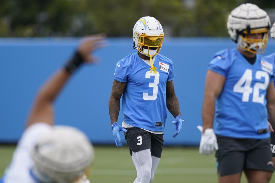 Chargers safety Derwin James Jr. (3) participates in drills Monday.