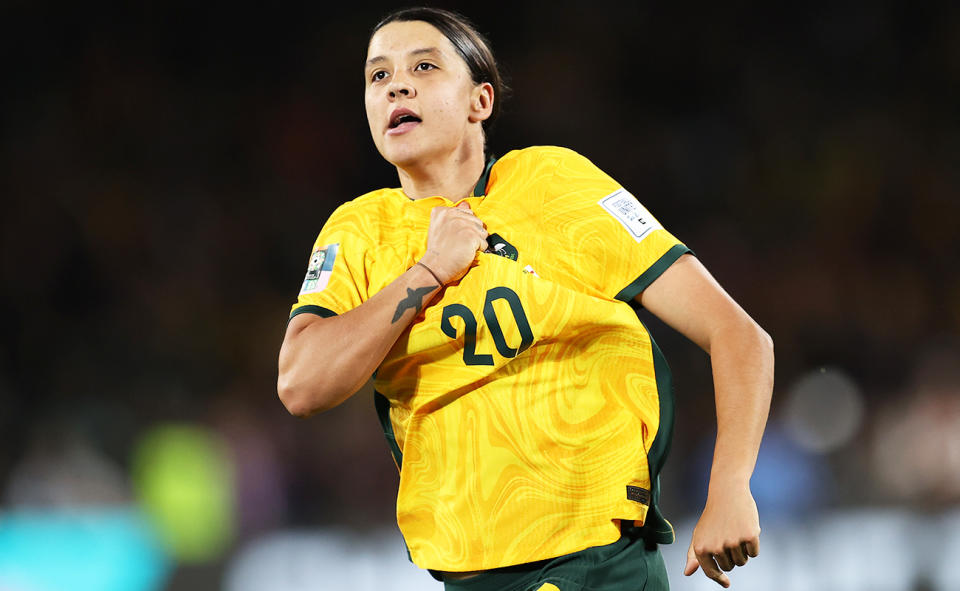 Sam Kerr, pictured here in action for the Matildas during the Women's World Cup in 2023.