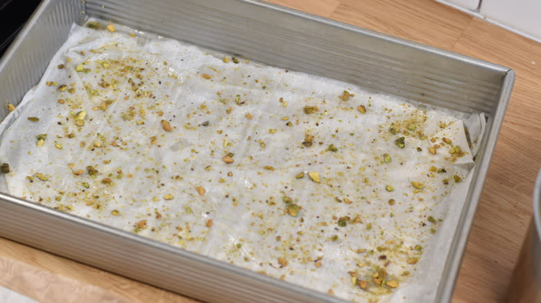 layers of phyllo dough and pistachios