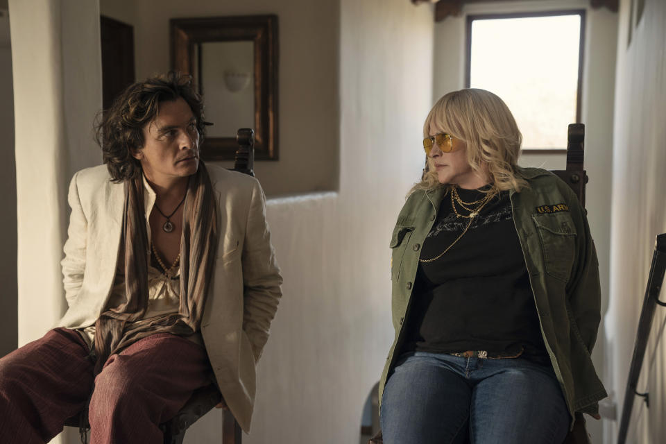 This image released by Apple TV shows Rupert Friend, left, and Patricia Arquette in a scene from "High Desert," a series directed by Jay Roach. (Hilary Bronwyn Gayle/Apple via AP)