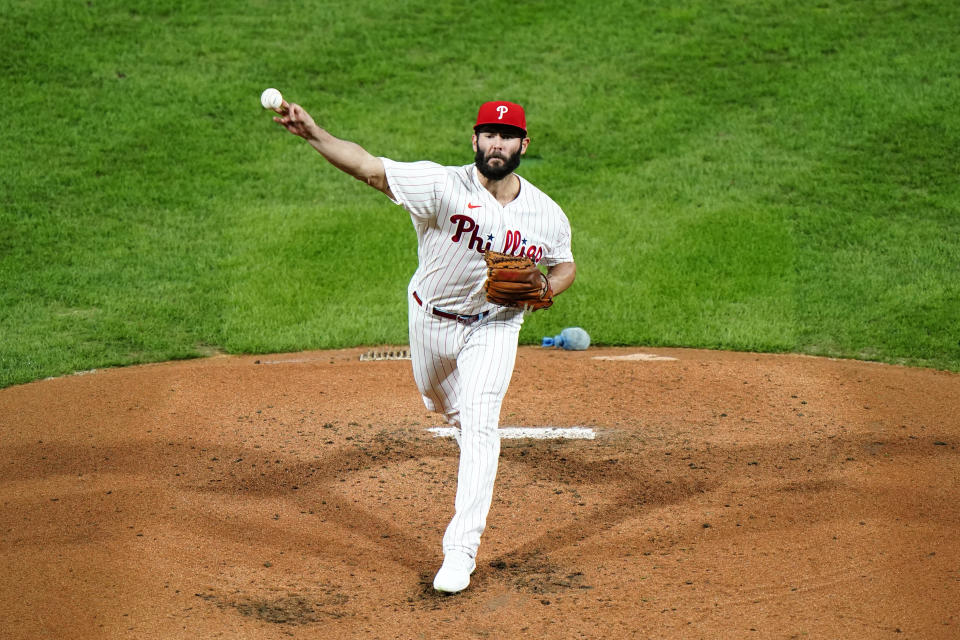 Philadelphia Phillies' Jake Arrieta pitches during the third inning of a baseball game against the New York Mets, Tuesday, Sept. 15, 2020, in Philadelphia. (AP Photo/Matt Slocum)