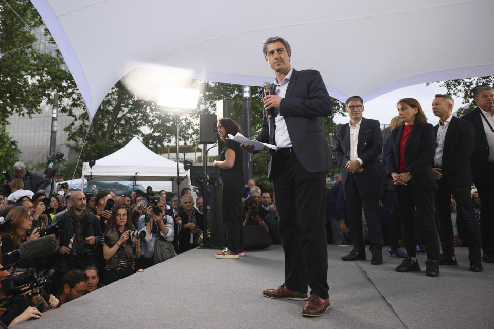 FILE - Far-left parliament member Francois Ruffin, from the France Unbowed party, gives a speech during a campaign meeting of the France's left-wing coalition known as the New Popular Front, in Montreuil, east of Paris, on June 17, 2024. From taxing billionaires and making gasoline cheaper to earlier retirement and higher wages, opposing left-right blocs in France's election are making costly campaign promises that are spooking investors as they seek to woo voters and sideline President Emmanuel Macron. (AP Photo/Thomas Padilla, File)