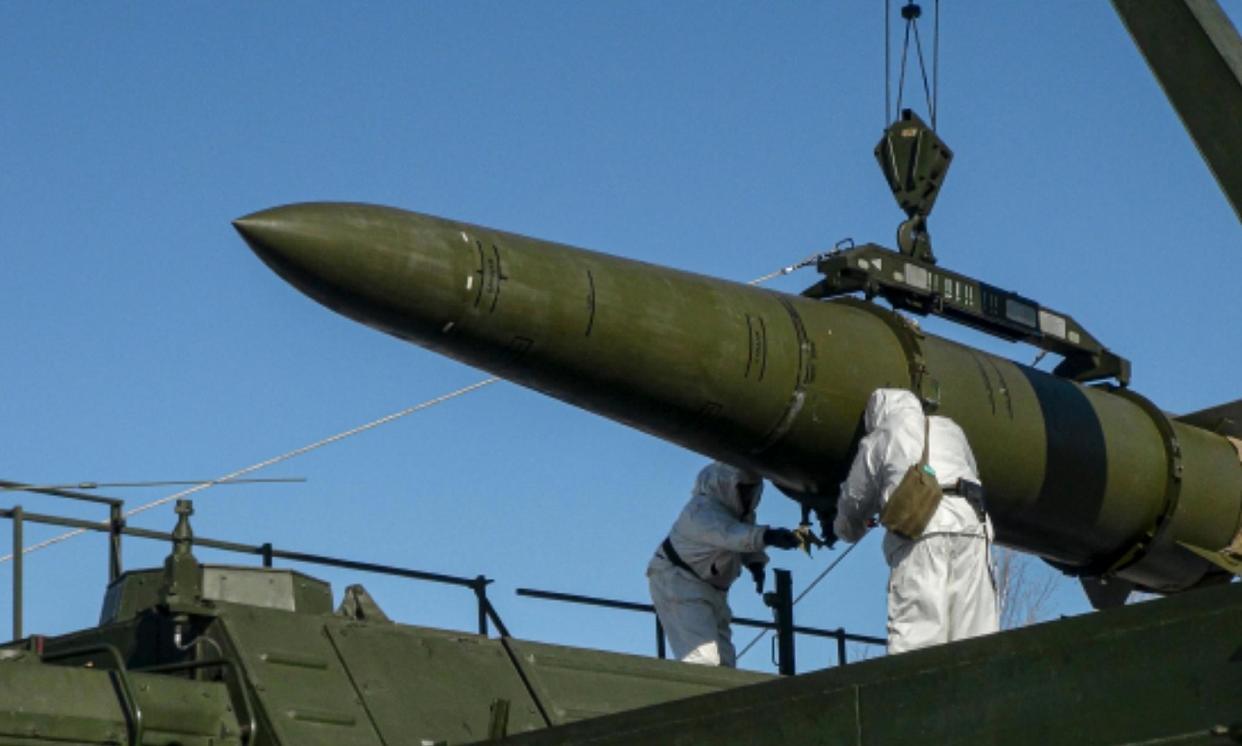 <span>An Iskander missile in Russia, which is preparing to ‘practise the issues of preparation and use of non-strategic nuclear weapons’.</span><span>Photograph: AP</span>