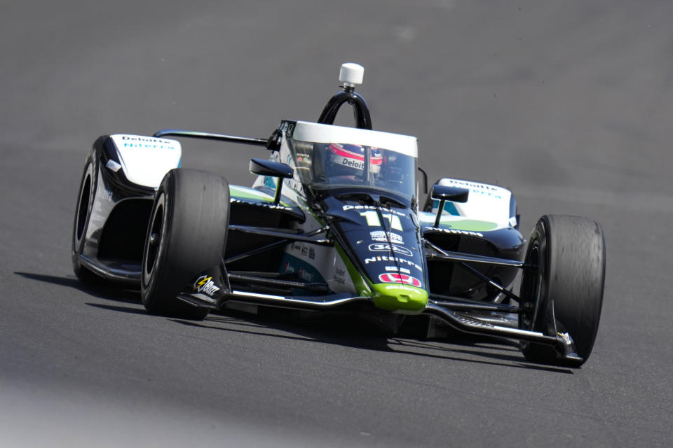 Takuma Sato, of Japan, heads into the first turn during the final practice for the Indianapolis 500 auto race at Indianapolis Motor Speedway in Indianapolis, Friday, May 26, 2023. (AP Photo/Michael Conroy)