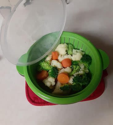 A mess-free microwave steamer perfect for making one serving of steamed veggies (and it works as a colander, too!)