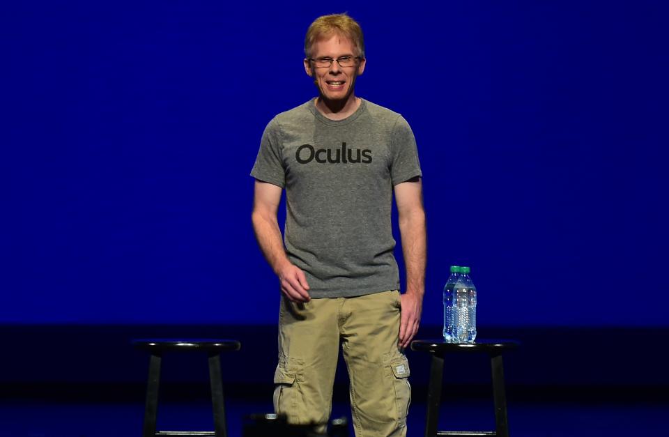Technology guru John Carmack of Oculus makes a keynote address at the Dolby Theater in Hollywood, California on September 24, 2015 at the Oculus Connect 2 event. AFP PHOTO / FREDERIC J. BROWN        (Photo credit should read FREDERIC J. BROWN/AFP via Getty Images)
