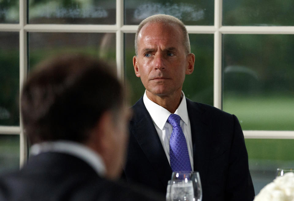 Boeing Co. Chairman, President and CEO Dennis Muilenburg, attends a dinner meeting with President Donald Trump and other business leaders, Tuesday, Aug. 7, 2018, at Trump National Golf Club in Bedminster, N.J. (AP Photo/Carolyn Kaster)