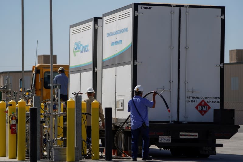 Compressed methane collected from dairy farms is trucked in for processing at the Calgren renewable fuels facility in Pixley, California