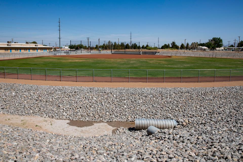 The newly developed Adams Park in Anthony on Friday, June 3, 2022. The park is both a baseball diamond and a flood-control project.