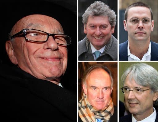 Archive images show News Corp Chief Rupert Murdoch, Former News of the World editor Colin Myler (C top), former NoW legal manager Tom Crone (C bottom), former News International chairman and chief executive James Murdoch (R top), and former News International executive chairman Les Hinton (R bottom)