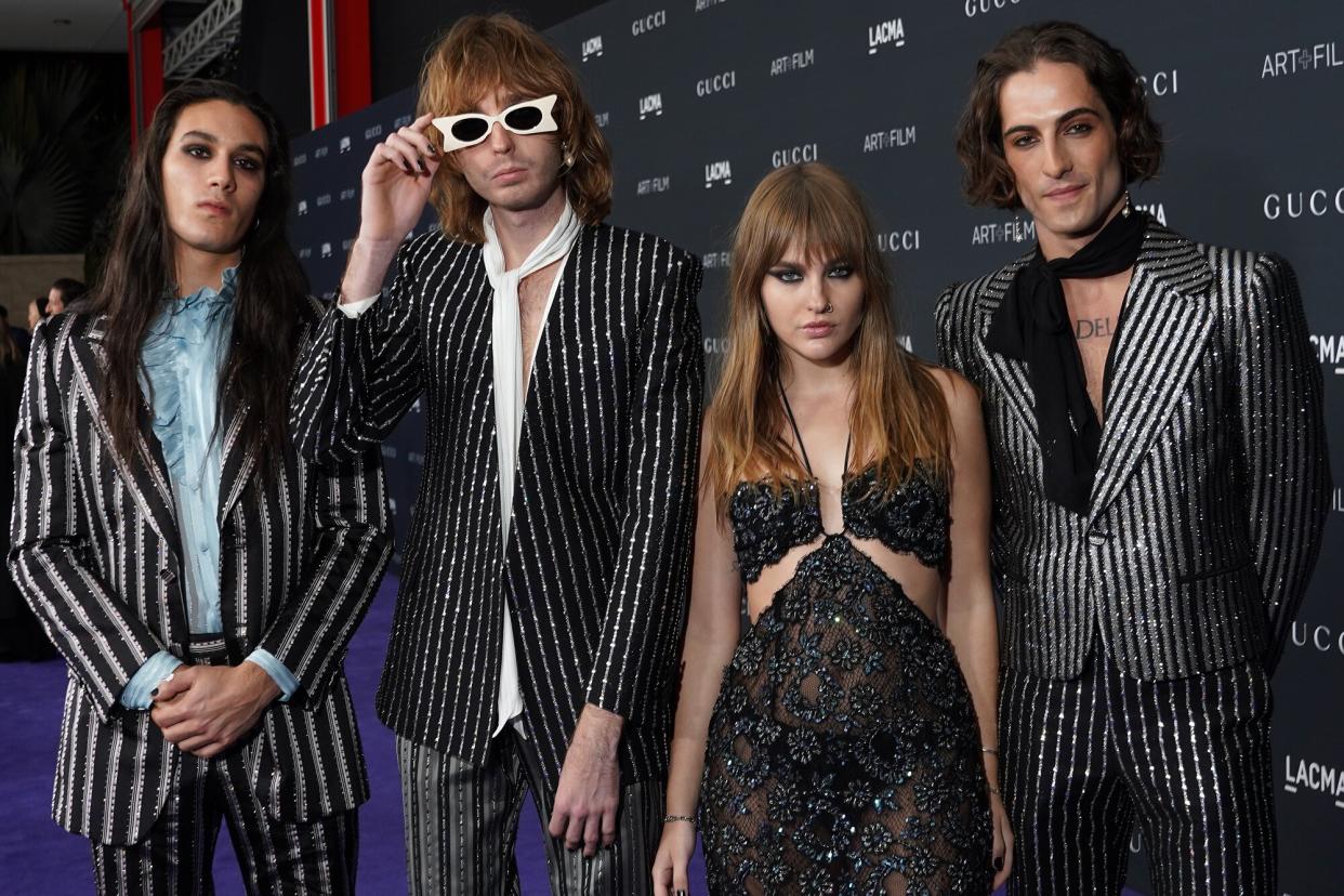 Ethan Torchio, Thomas Raggi, Victoria De Angelis, and Damiano David of Måneskin, all wearing Gucci, attend the 2022 LACMA ART+FILM GALA Presented By Gucci at Los Angeles County Museum of Art on November 05, 2022 in Los Angeles, California.