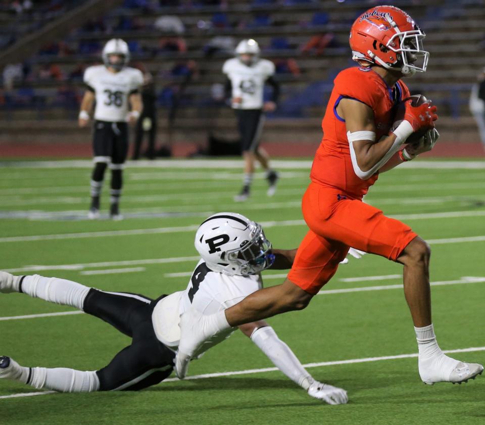 San Angelo Central High School wide receiver Jacob English heads to the end zone for a 50-yard touchdown against Odessa Permian at San Angelo Stadium on Friday, Oct. 28, 2022.