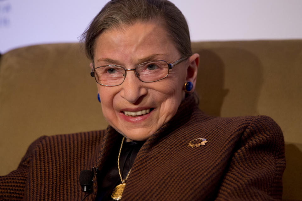 Supreme Court Justice Ruth Bader Ginsburg smiles while speaking to the Northern Virginia Technology Council, Tuesday, Dec. 17, 2013, in Reston, Va. She took part in what event organizers describe as a "fireside chat" with former U.S. Solicitor General Ted Olson. Olson served as solicitor general from 2001 to 2004 under President George W. Bush and is still a frequent advocate before the court. (AP Photo/Jacquelyn Martin)