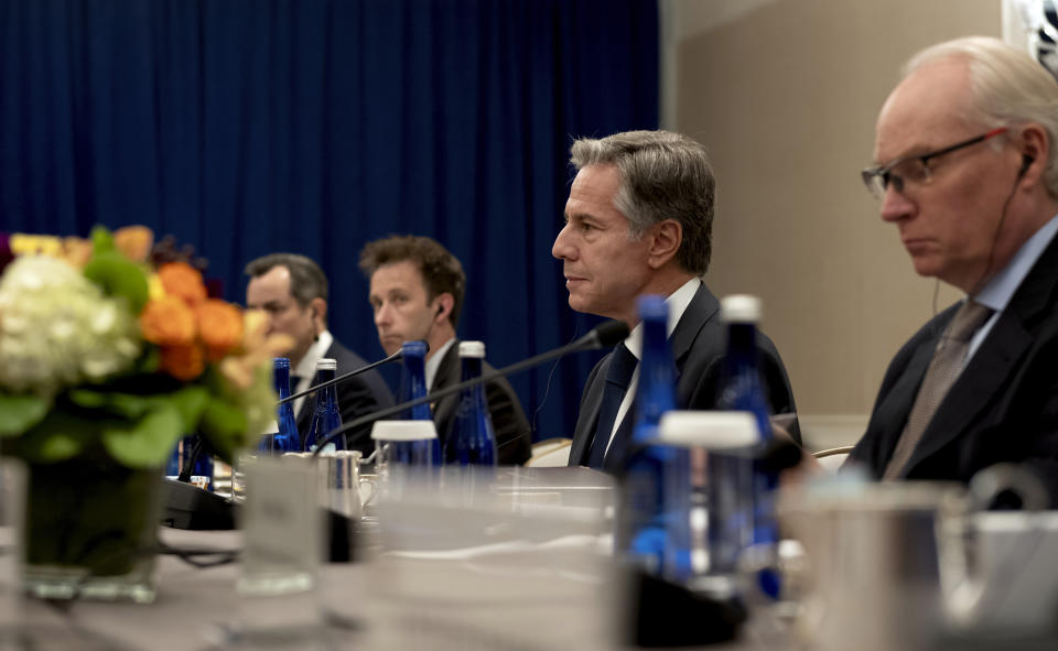 Secretary of State Antony Blinken listens as he meets with Rashad Al-Alimi, Yemen Chairman of the Presidential Leadership Council Monday, Sept. 18, 2023, in New York. (AP Photo/Craig Ruttle, Pool)