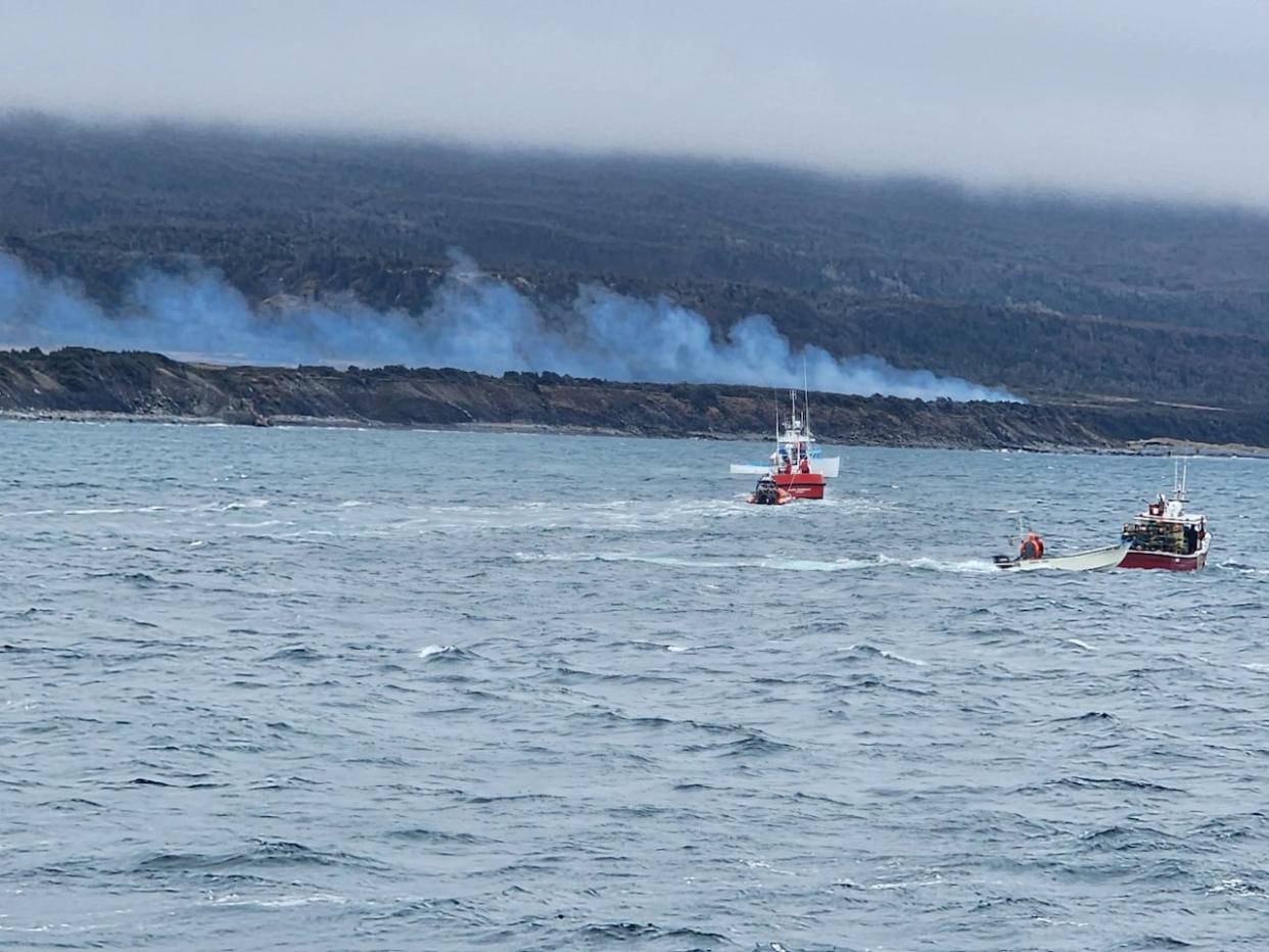 A rescue operation was launched Sunday near Molly Ann Cove, south of Lark Harbour, on Newfoundland's west coast. Four people survived, and it's believed they lit a cabin on fire to catch the attention of searchers in the area. (Submitted by Sam Anderson - image credit)