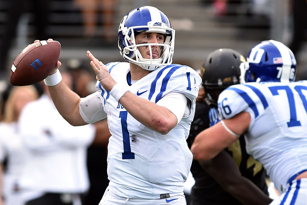 WINSTON-SALEM, NC - NOVEMBER 28: Thomas Sirk #1 of the Duke Blue Devils drops back to pass against the Wake Forest Demon Deacons at BB&T Field on November 28, 2015 in Winston-Salem, North Carolina. Duke defeated Wake Forest 27-21. (Photo by Lance King/Getty Images)