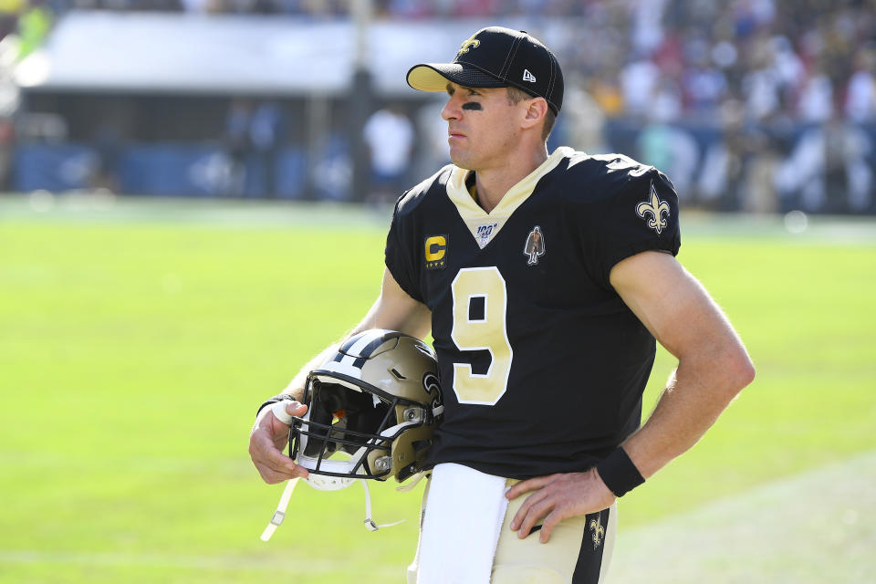 LOS ANGELES, CA - SEPTEMBER 15: New Orleans Saints Quarterback Drew Brees (9) looks on from the sidelines after being hurt during an NFL game between the New Orleans Saints and the Los Angeles Rams on September 15, 2019, at the Los Angeles Memorial Coliseum in Los Angeles, CA. (Photo by Brian Rothmuller/Icon Sportswire via Getty Images)