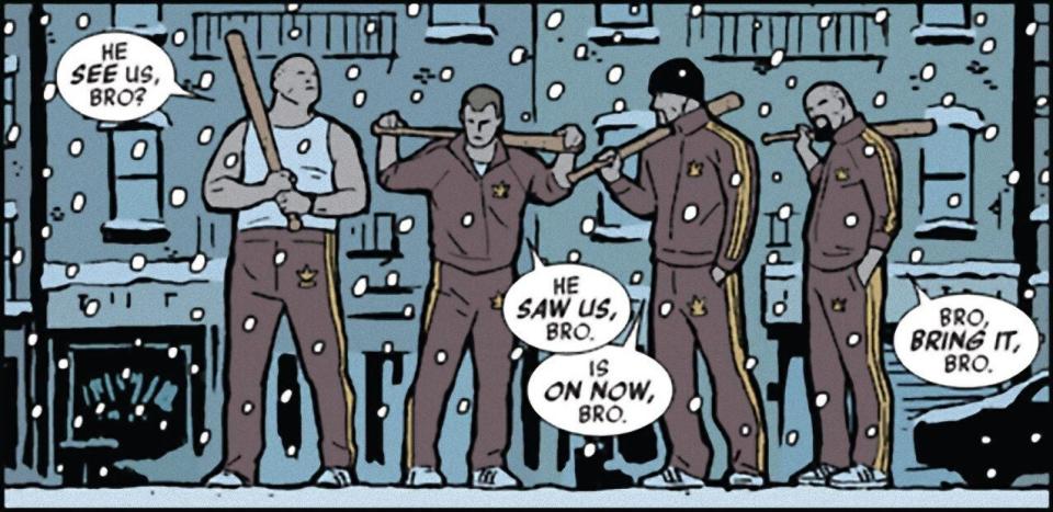 A panel from Hawkeye (2012) shows the Tracksuit Mafia--men in red tracksuits--saying bro a lot