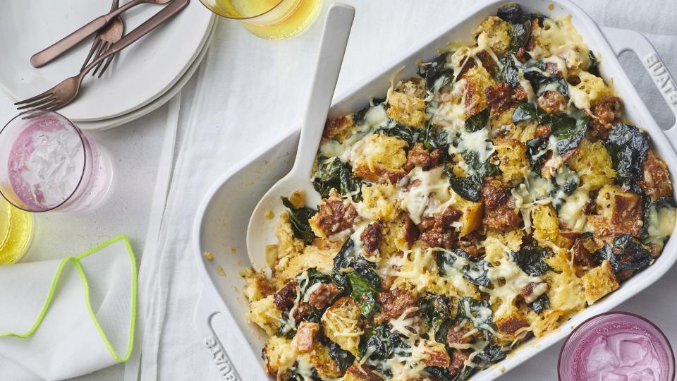 <p><strong>Try this recipe:</strong> <a href="https://www.health.com/recipes/sausage-kale-strata" rel="nofollow noopener" target="_blank" data-ylk="slk:Sausage & Kale Strata;elm:context_link;itc:0;sec:content-canvas" class="link ">Sausage & Kale Strata</a></p> <p>Gruyère, sausage, and kale is a delightfully rich combo, making it a brunch all-star. Pro tip: put it all together the night before so the bread can absorb all the yummy liquids.</p> <p><strong>Ingredients:</strong> turkey sausage, yellow onion, kale, milk, dry mustard, kosher salt, black pepper, eggs, whole-grain bread, Gruyère cheese</p> <p><strong>Calories:</strong> 285</p>