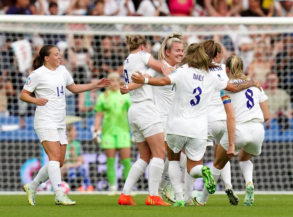 Lauren Hemp celebrates scoring England’s second goal against Norway (Gareth Fuller/PA) (PA Wire)