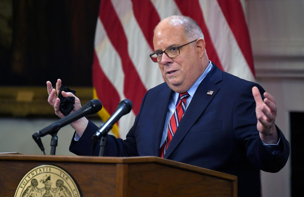 Maryland Governor Larry Hogan held a press conference at the Maryland State Capitol in Annapolis, Maryland on July 22, 2020. (Michael S. Williamson/The Washington Post via Getty Images)