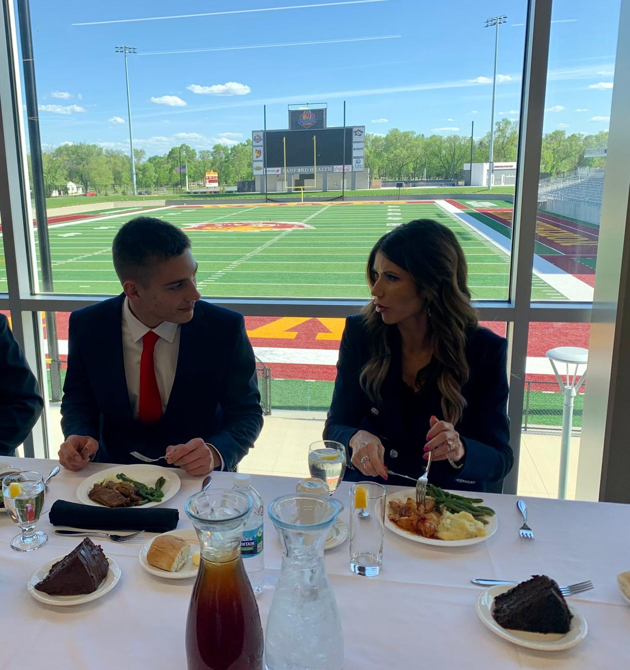 2022 Boys State Governor Jason Lenning chats with South Dakota Gov. Kristi Noem at Northern State University Thursday evening.