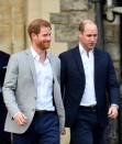 Britain's Princes Harry and William prepare to greet wellwishers outside Windsor Castle ahead of Harry's wedding to Meghan Markle tomorrow, in Windsor