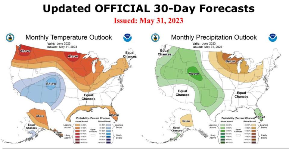 A forecast from the National Oceanic and Atmospheric Administration’s Climate Prediction Center shows the possibility of a hot, dry June for the Northwest.
