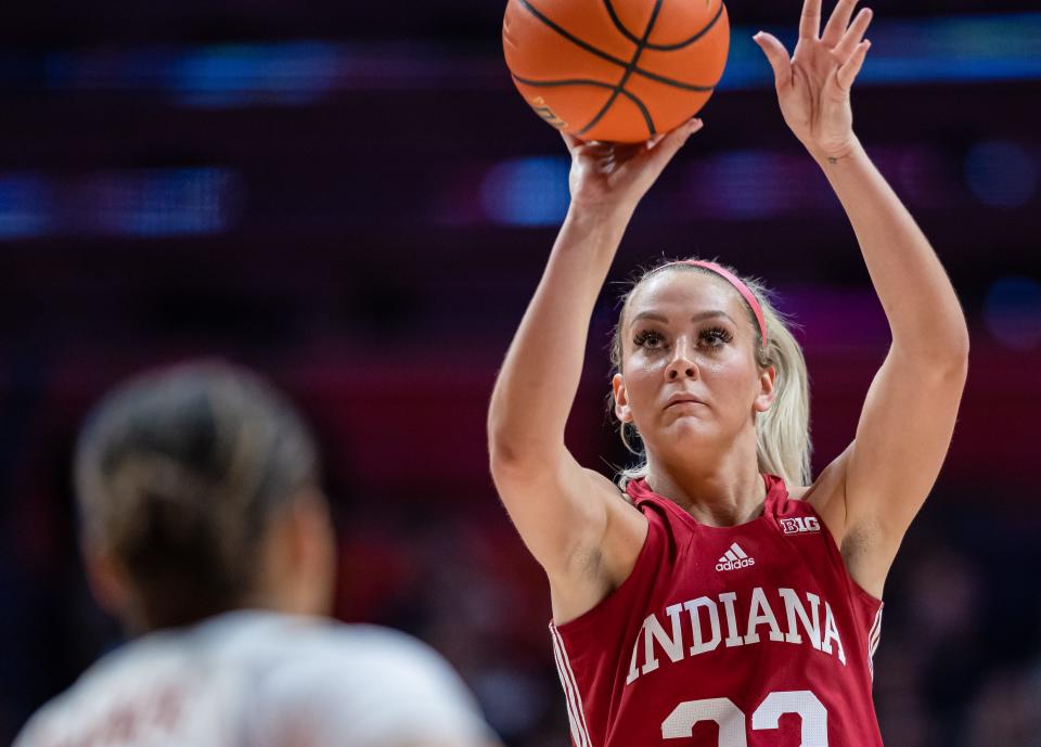 CHAMPAIGN, IL - JANUARY 18: Sydney Parrish #33 of the Indiana Hoosiers shoots the ball during the second half of the game against the Illinois Fighting Illini at State Farm Center on January 18, 2023 in Champaign, Illinois. (Photo by Michael Hickey/Getty Images)