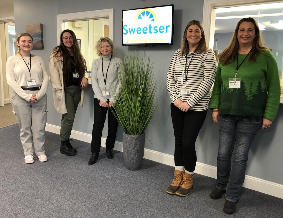 Sweetser, a behavioral health nonprofit, now offers walk-in services to the public. From left are staff members Halie MacFarland, Emma Sheehan, Wendy Anders, Nicole Dagle, and Rachel Scully. Missing from the photo is fellow staff member Megan Fernandez.