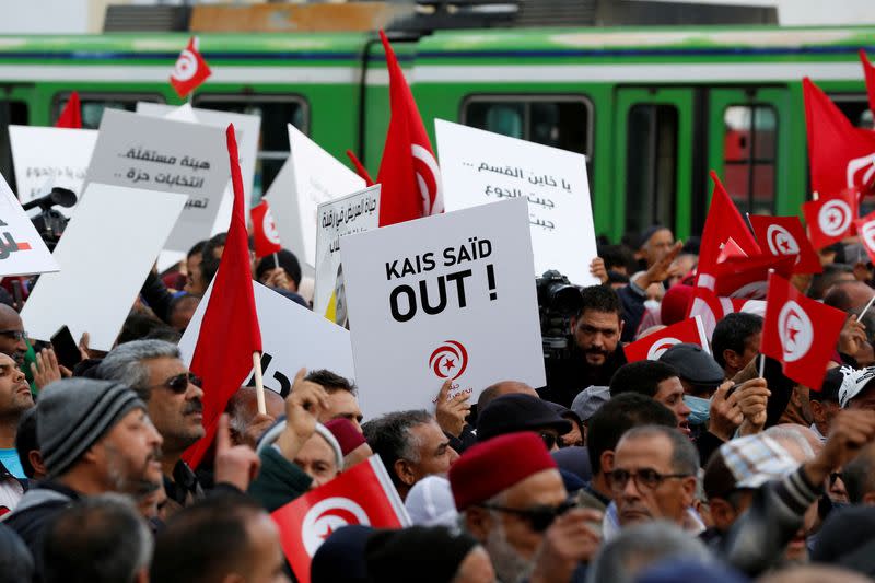 FILE PHOTO: Protest against Tunisian President Saied on the anniversary of the 2011 uprising, in Tunis