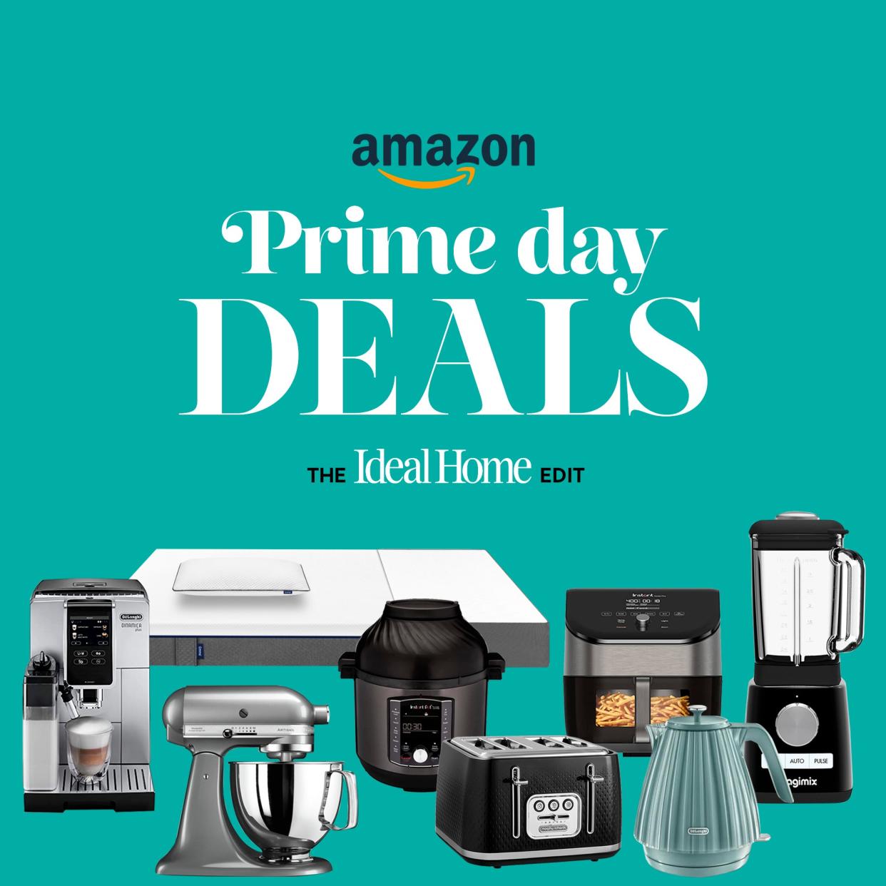  Amazon Prime Day graphic showing multiple home appliances on a gree background. 