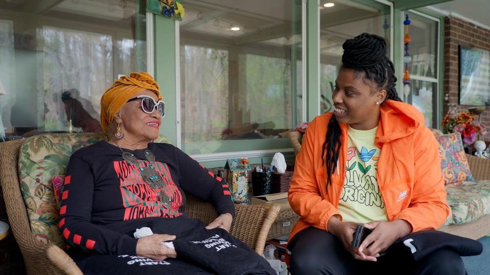 Faith Ringgold and Mary Baxter on a porch in new documentary.