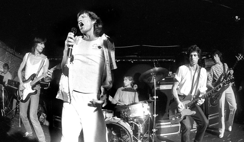 The Rolling Stones, left to right, Ronnie Wood, Mick Jagger, Charlie Watts, Keith Richards and Bill Wyman perform at Sir Morgan’s Cove on Sept. 14, 1981. Off to the far left behind keyboards is Ian “Stu” Stewart.