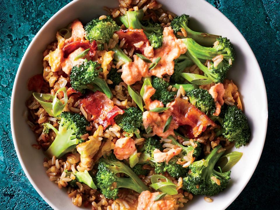 Broccoli Fried Rice with Kimchi Cream