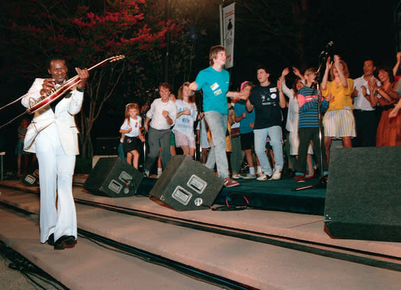 Legendary musician Chuck Berry performs the hit song "Johnnie B. Goode" during a concert at NASA's Jet Propulsion Laboratory in Pasadena, California, commemorating the Neptune flyby by Voyager 2 on Aug. 25, 1989.