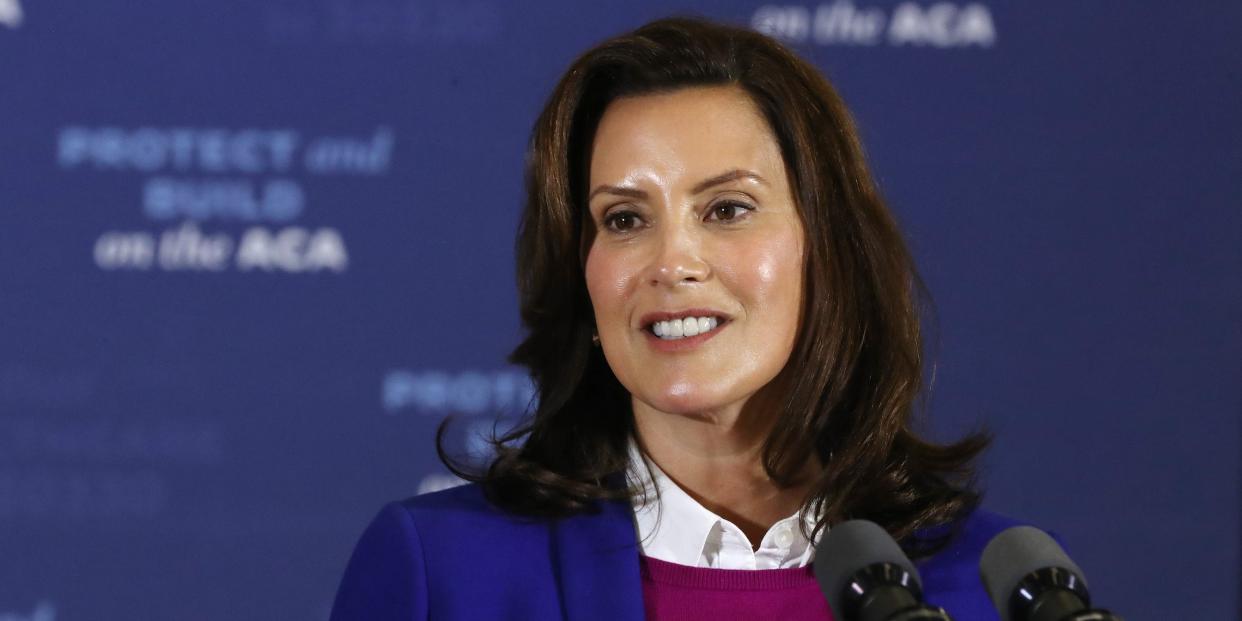 Gov. Gretchen Whitmer introduces Democratic presidential nominee Joe Biden delivers remarks about health care at Beech Woods Recreation Center October 16, 2020 in Southfield, Michigan.